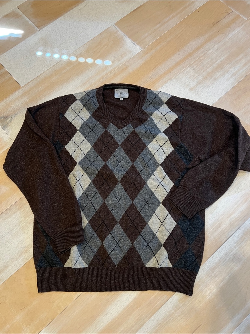 Men's Argyle V-Neck Wool Sweater - Brown/Gray by Wolsey